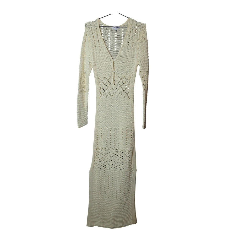 Solid And Striped Cream Crochet Knit Maxi Dress Long Sleeve V Neck Button Accent